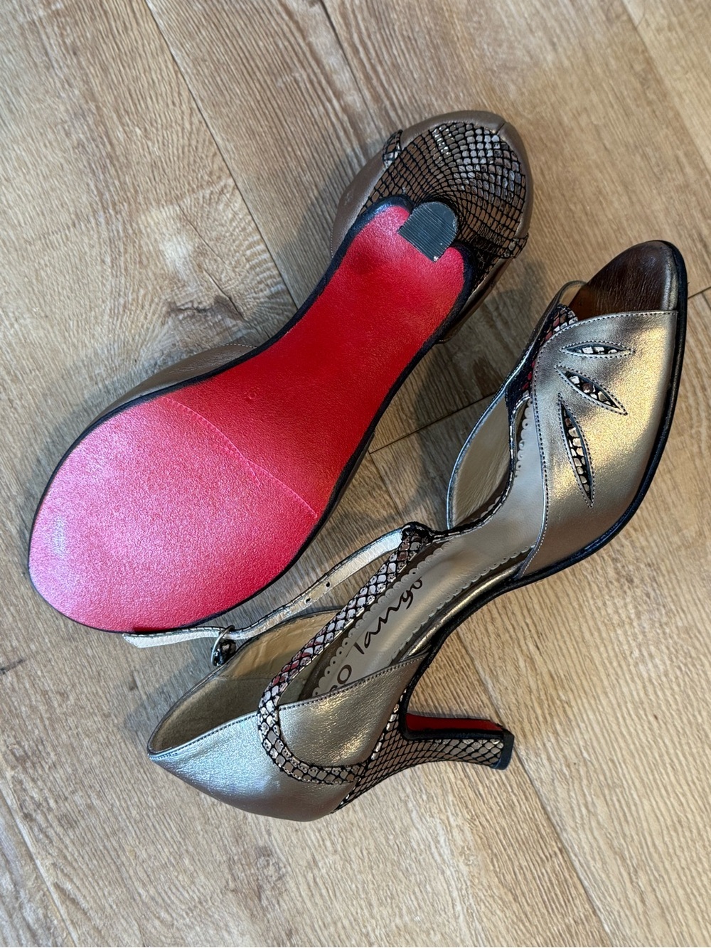 Metallic Pewter Peep-Toe T-Strap Heels for Women 9 - Picture 5 of 7